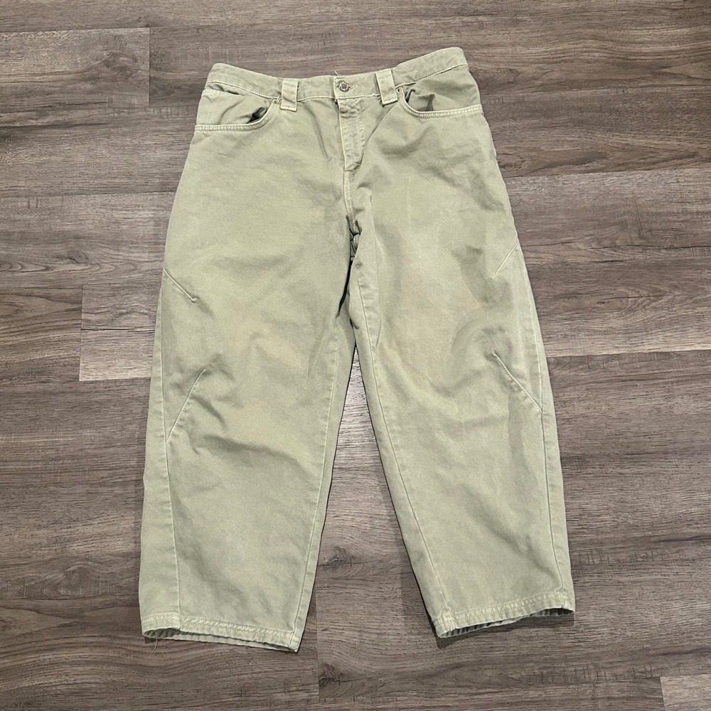 Zara Womens Wide Leg Barrel Pants Sage Green Cotton Twill High Rise Size 10